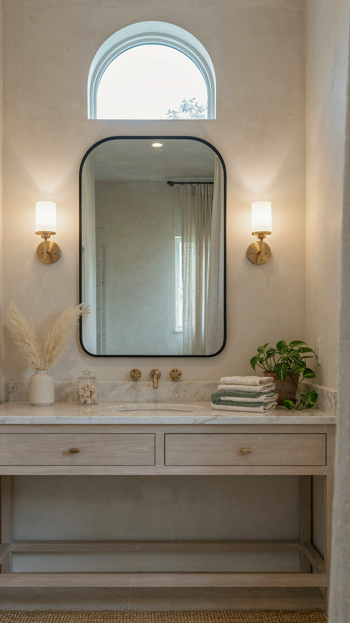 A wide cottage bathroom vanity has two sconces perfectly framing a large mirror.