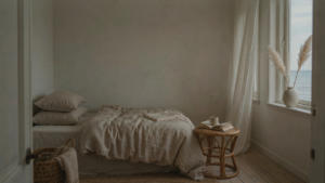 Serene beach cottage bedroom with muted tones, soft linen bedding, and minimalist decor.