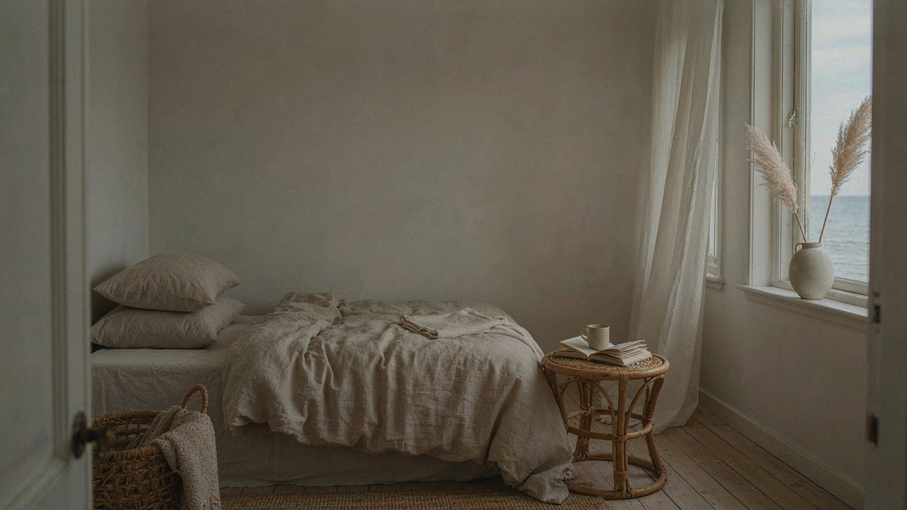 Serene beach cottage bedroom with muted tones, soft linen bedding, and minimalist decor.
