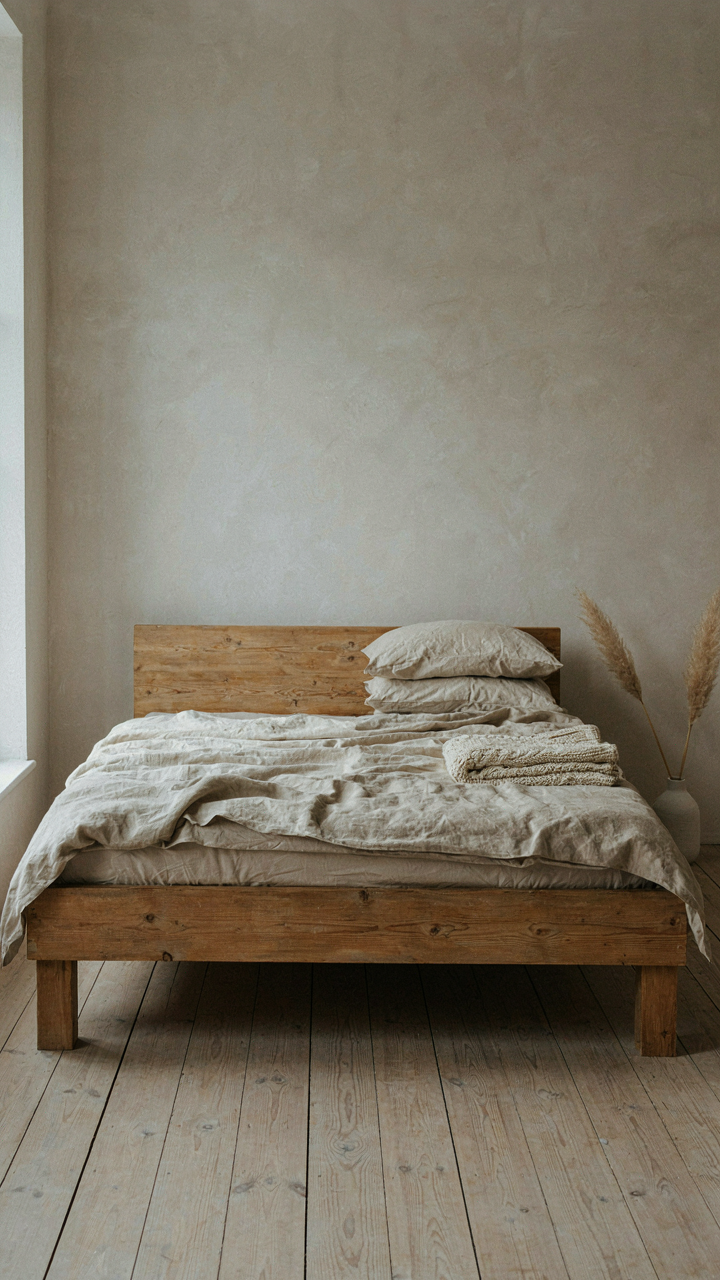 A simple platform bed frame made of untreated oak with linen bedding.