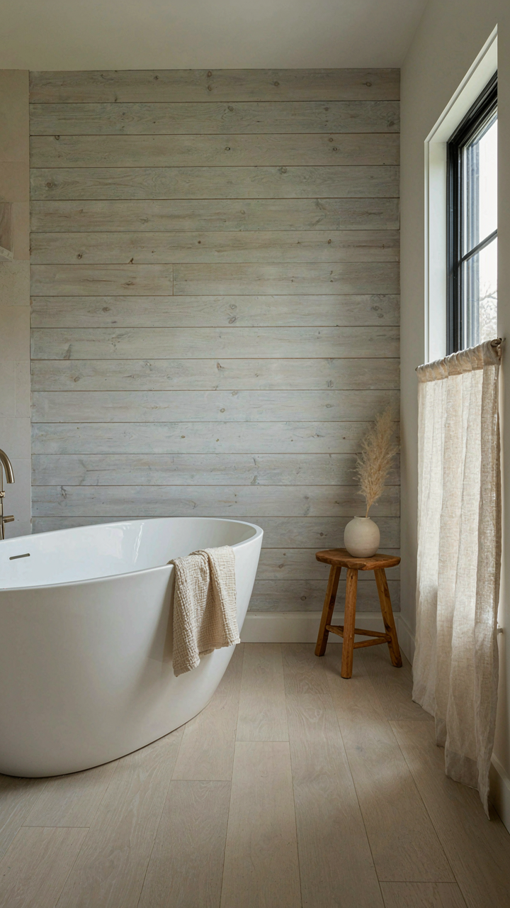 A minimalist coastal farmhouse bathroom with warm white walls and a weathered shiplap accent.