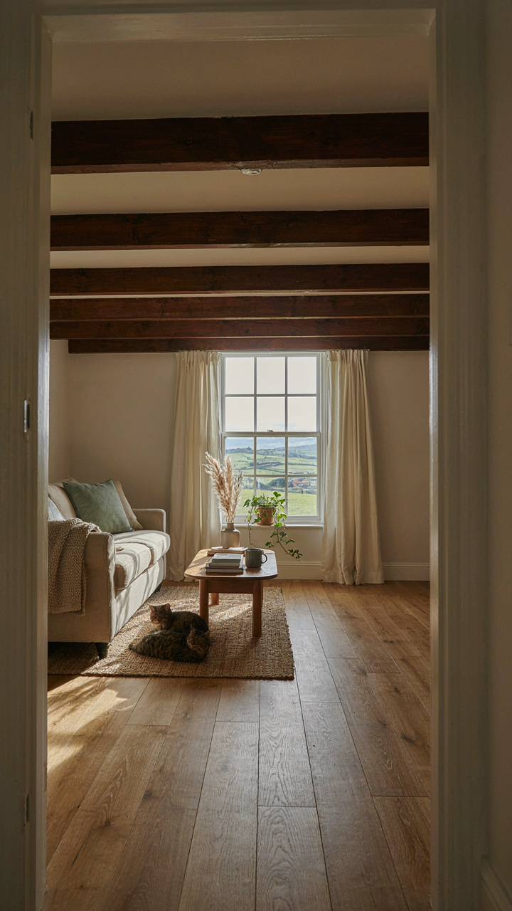 Cottage ceiling beams in a living room guiding the eye toward a large window.