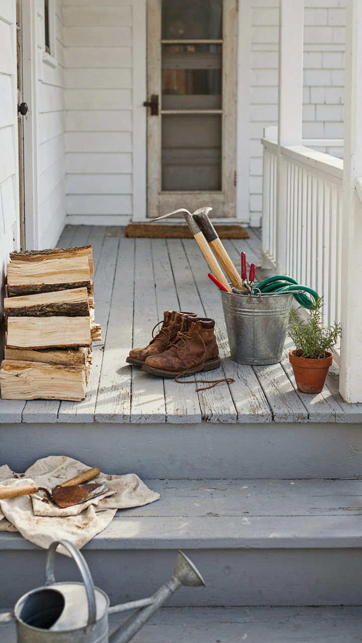 A deep farmhouse porch holds work boots, garden tools, and firewood.