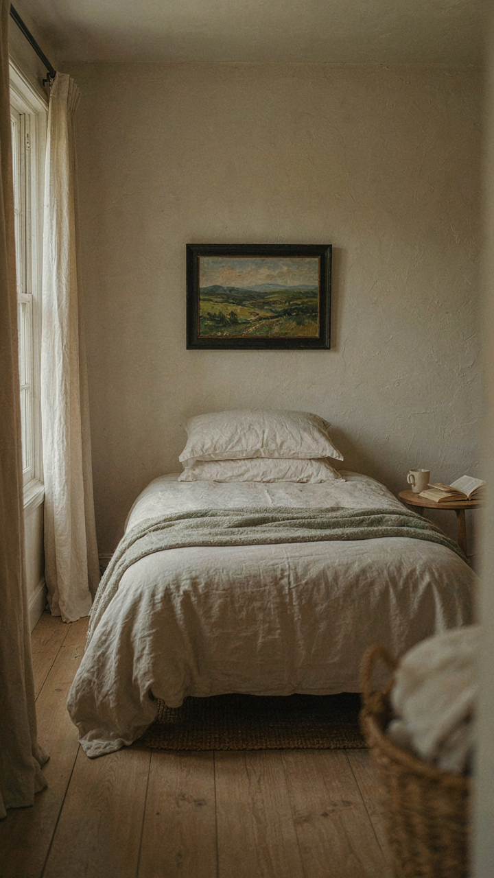 A neatly made cottage guest bedroom bed with cotton sheets and one landscape painting.