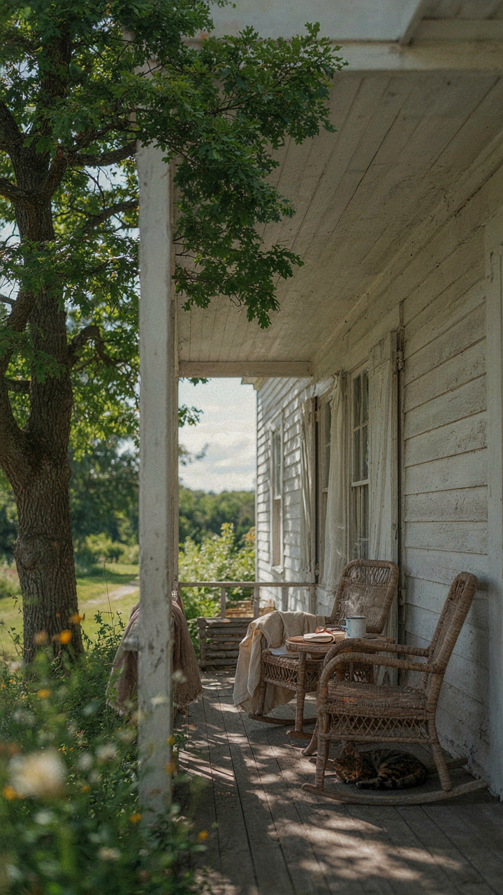 North-facing cottage sleeping porch shaded by a large tree.