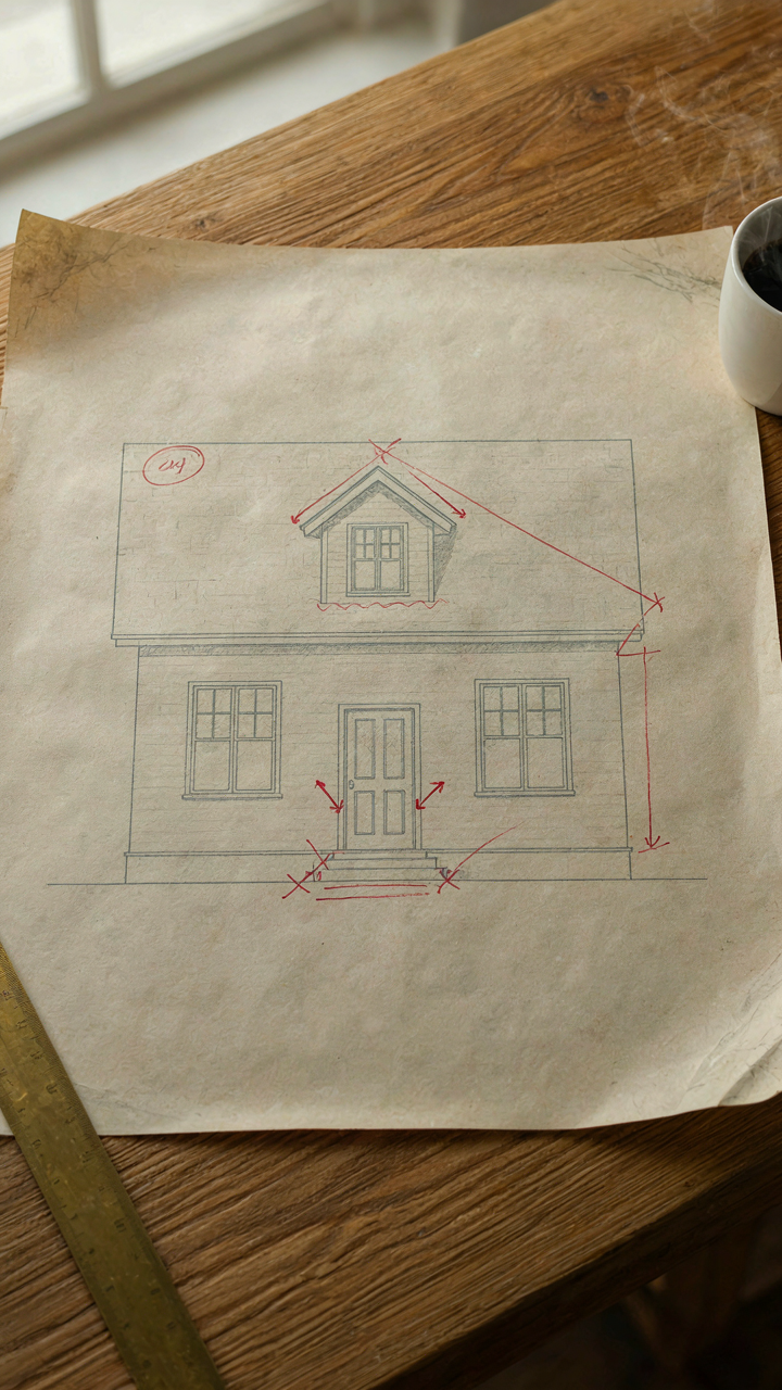 An architect's drawing of a house with a dormer, marked with code violations.