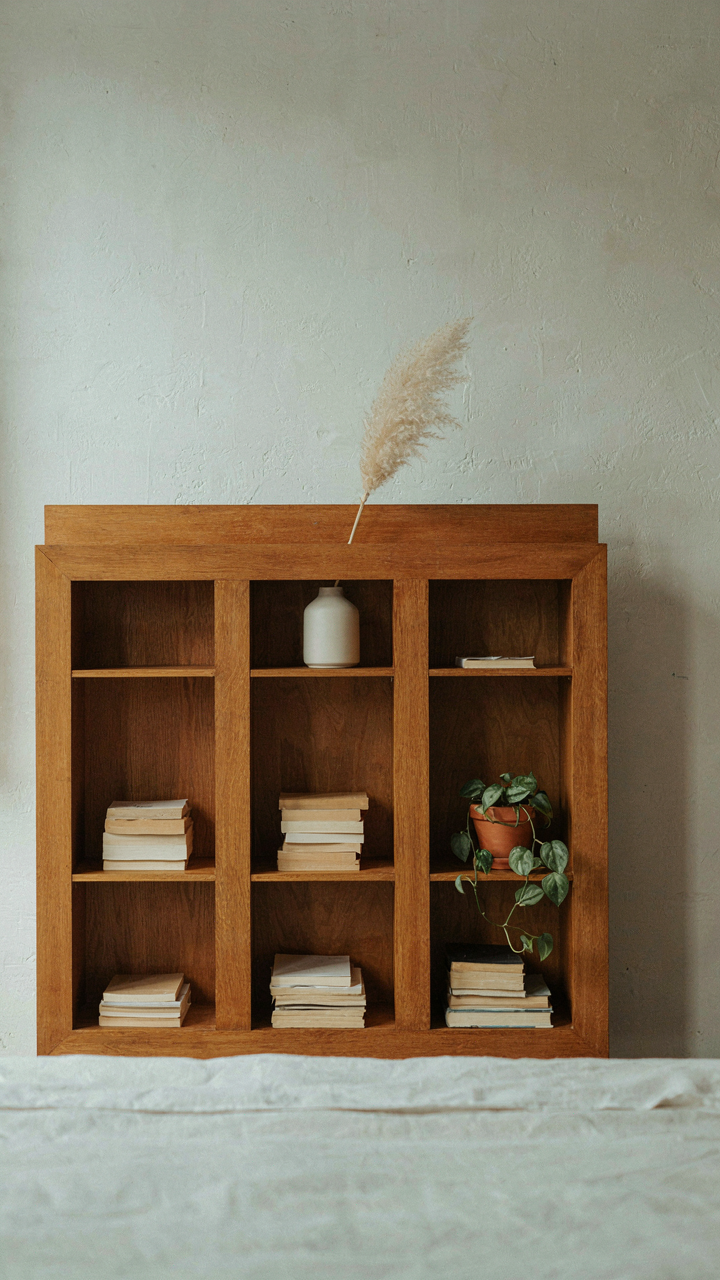 A wooden headboard with small storage cubbies in a scandinavian cottage bedroom.