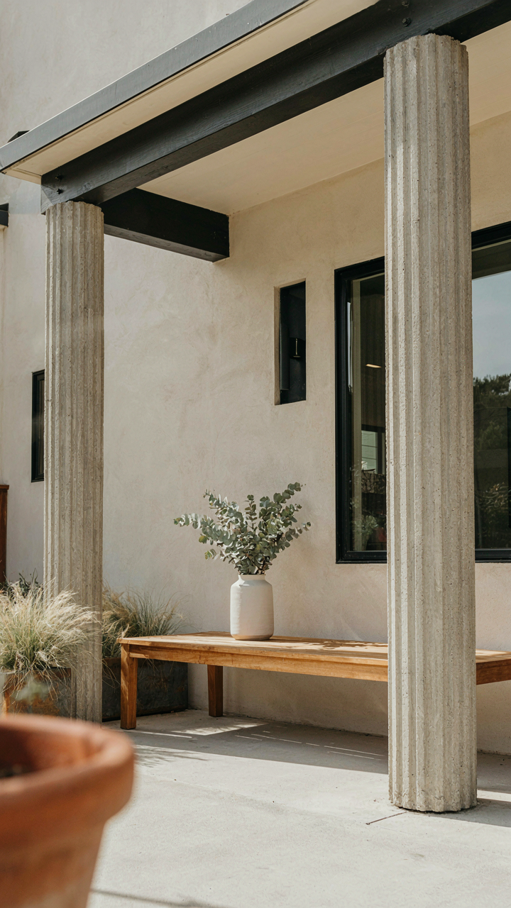 Modern craftsman porch on a contemporary home with exposed steel and tapered concrete columns.