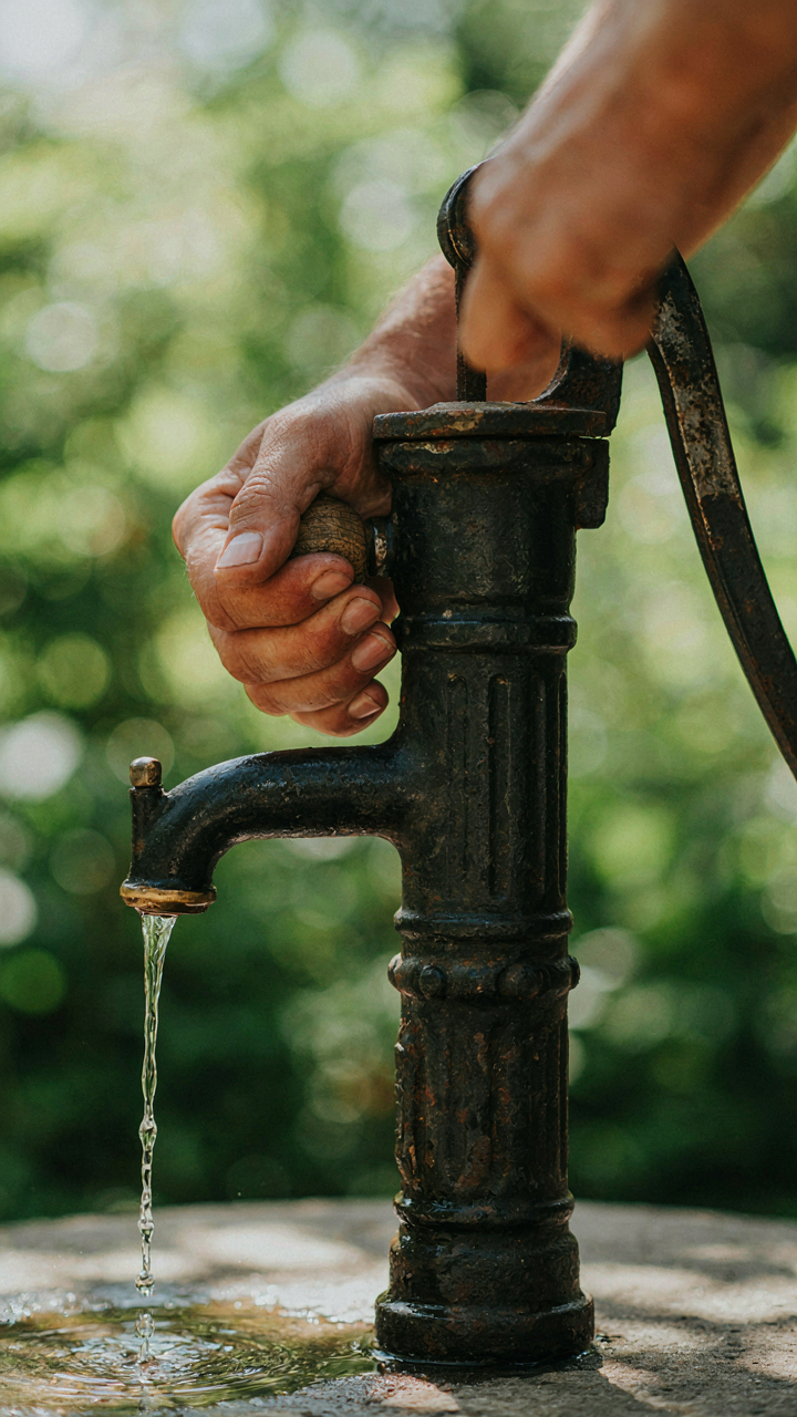 A detailed view of a hand using an antique cast iron hand pump, showing its age.