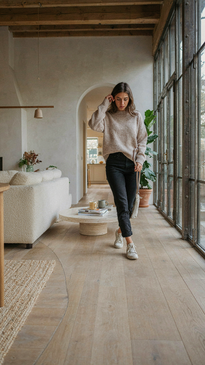 A person navigates a confusing path through an open-plan barn house, showing poor circulation.