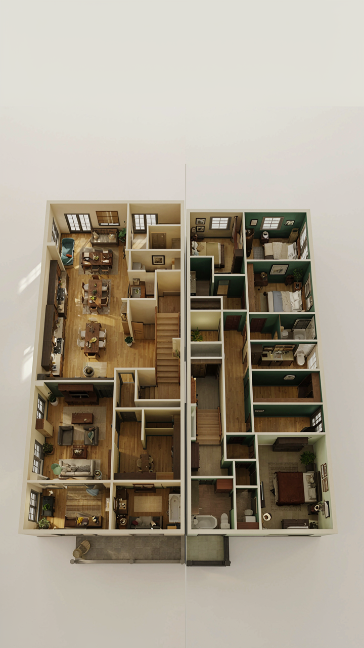 Two tudor cottage plans, one efficient and one cramped, side-by-side.