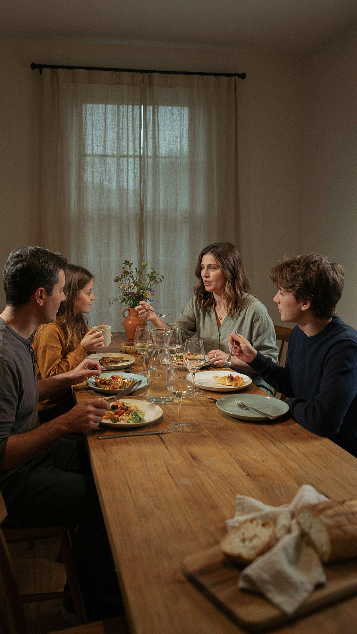 A family sharing a meal, engaged in conversation with no phones visible.