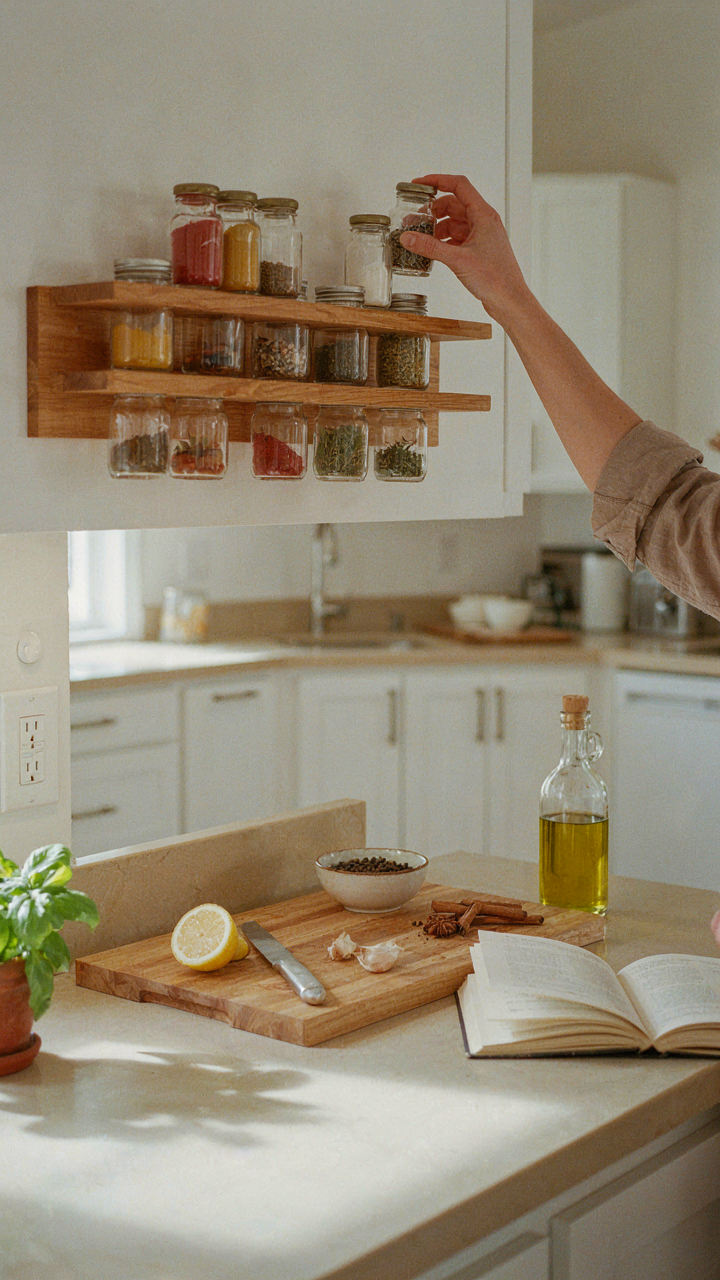 A hand reaching for a spice rack mounted at eye level in a small kitchen.