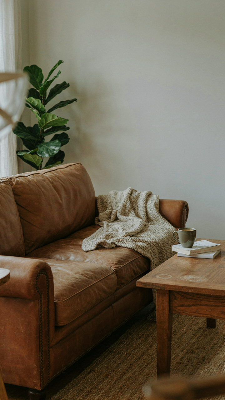 A comfortable, worn leather sofa with a blanket and a water-ringed wooden table.
