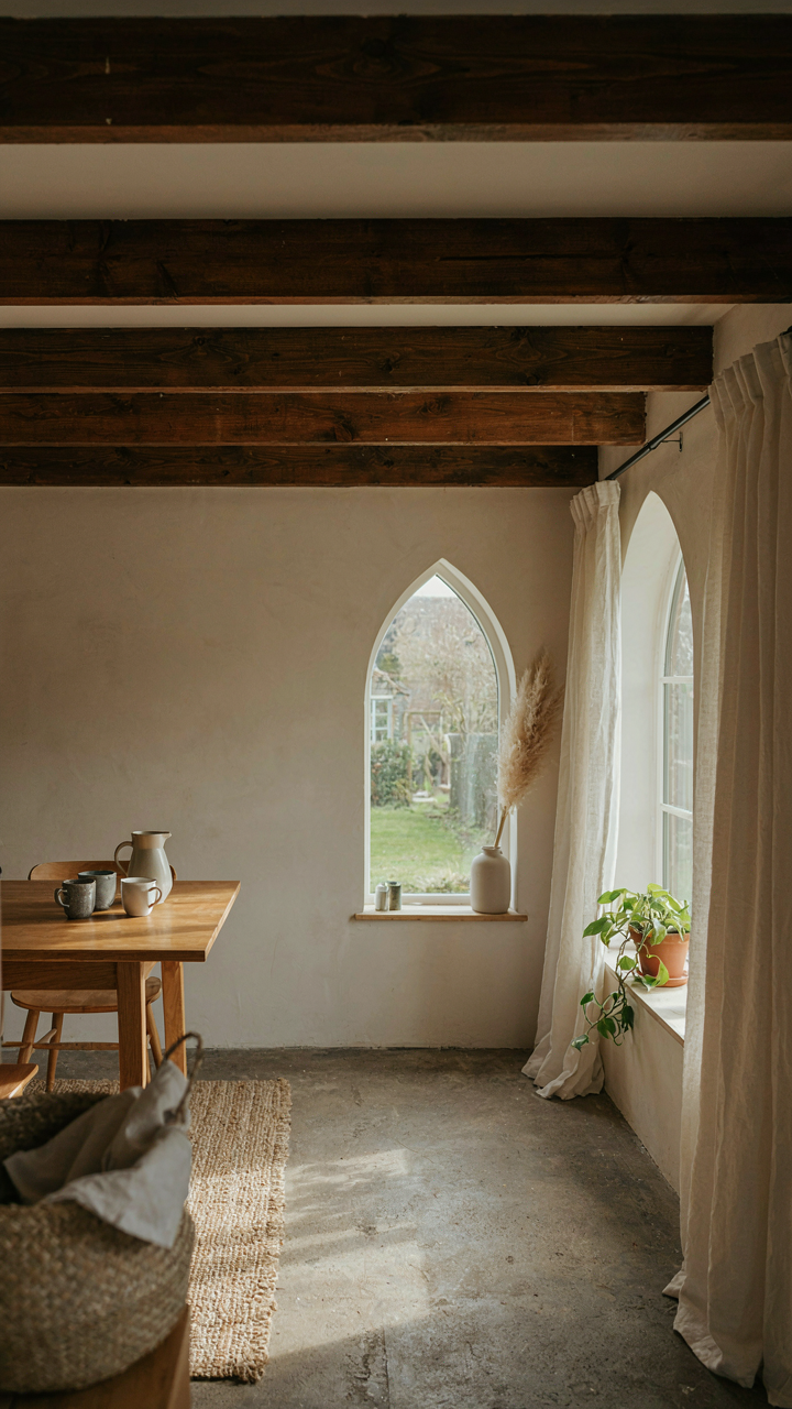 The interior of a backyard cottage features exposed concrete floors and wood beams.