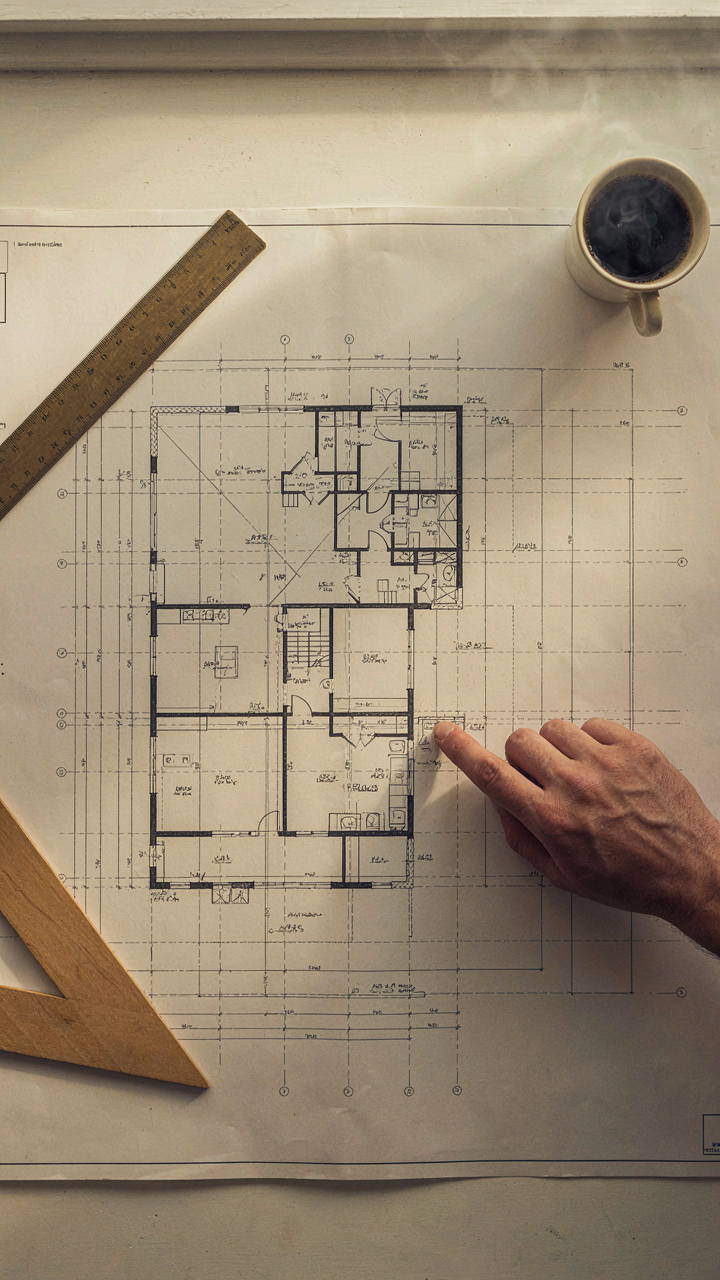 An architectural blueprint for a small farmhouse showing an organized layout.