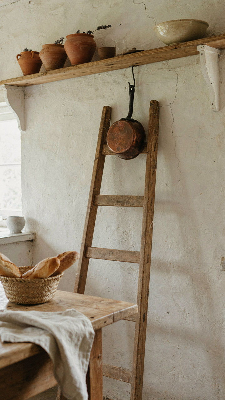 A wooden ladder and functional clay pots in a simple French country cottage kitchen.