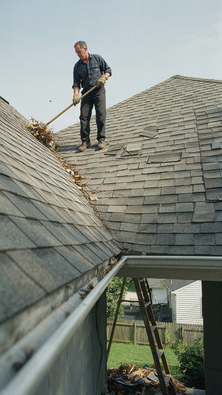 A person cleaning leaves from the transition point of a gambrel roof.