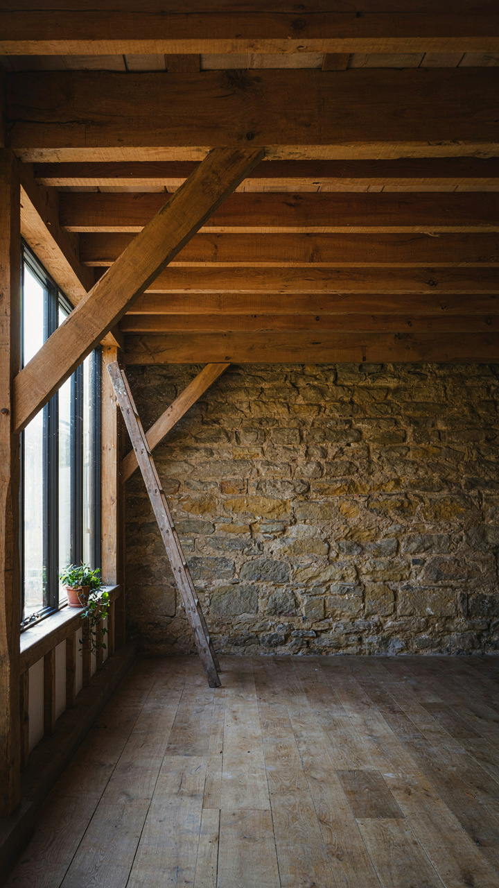 A tall window lights a converted barn interior with exposed timber and stone.