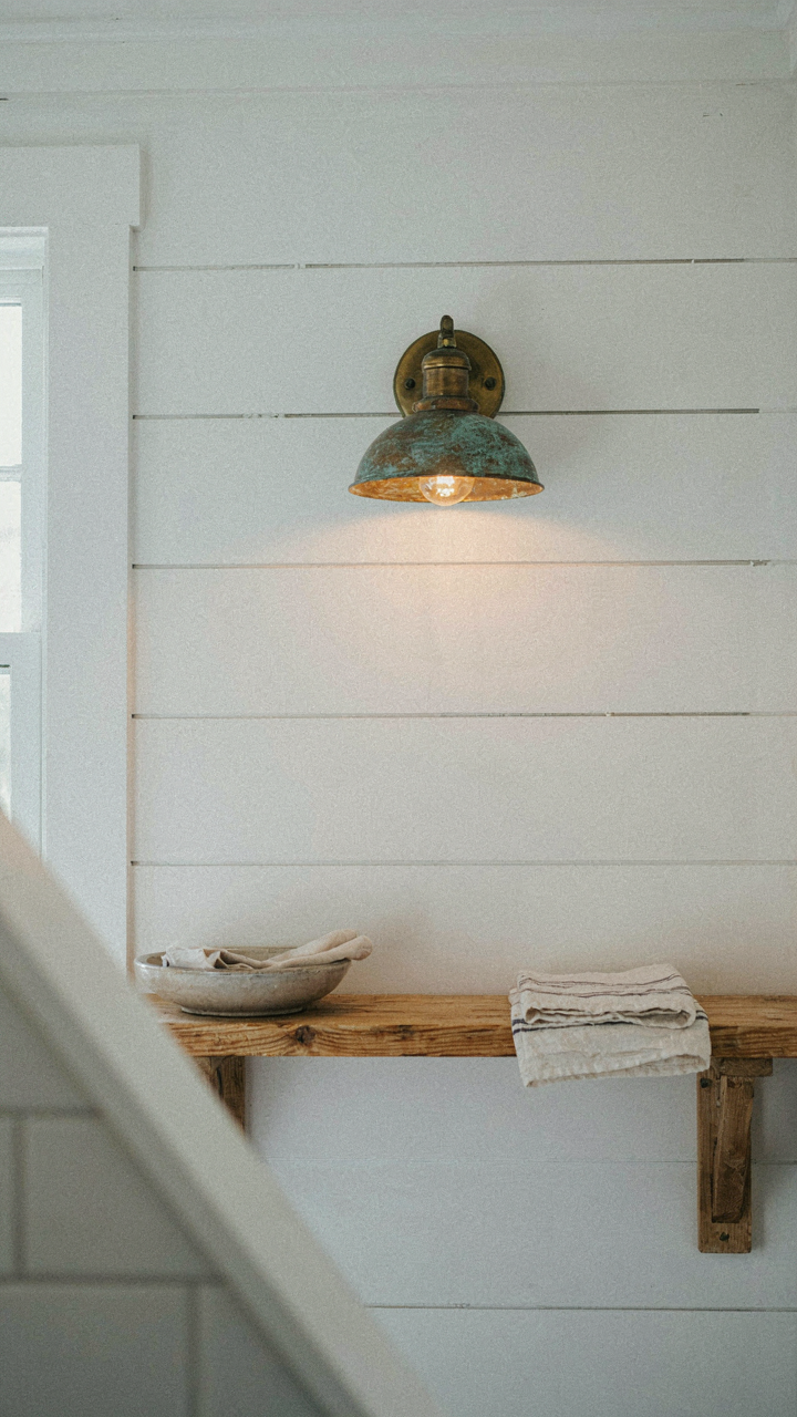 A weathered copper sconce illuminates a reclaimed wood shelf in a coastal cottage bathroom.
