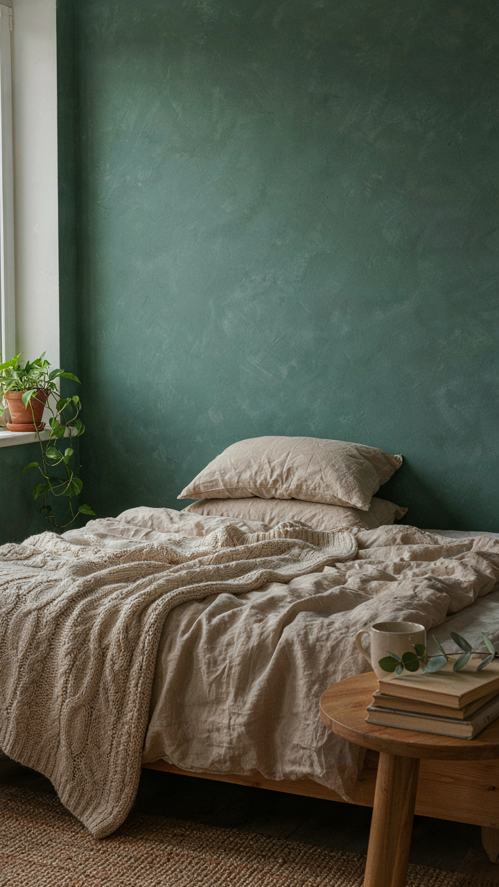 A cottagecore bedroom with a deep sage green wall and layered beige and cream textiles.