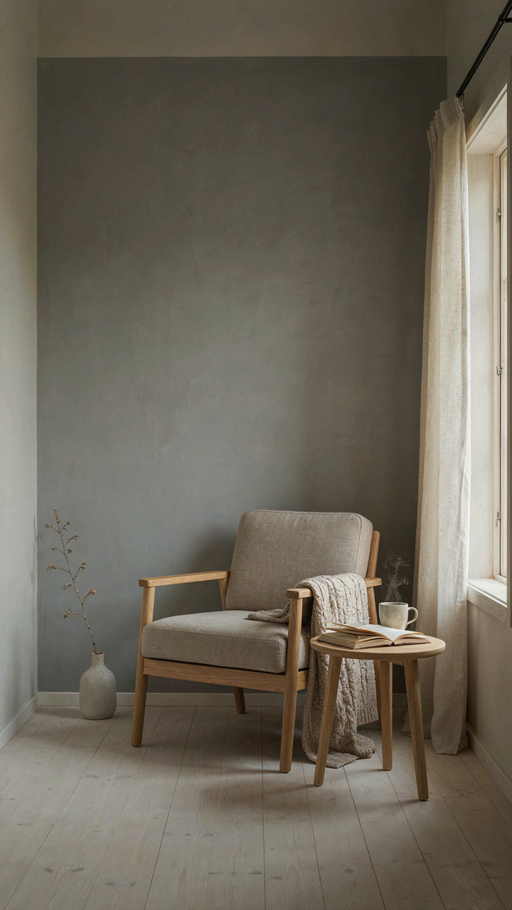 A muted gray accent wall creates a reading zone in a nordic cabin.