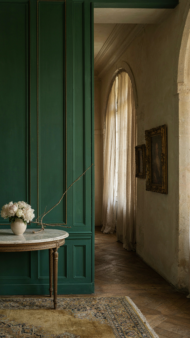 A dark green paneled wall adds personality to a French chateau living room.