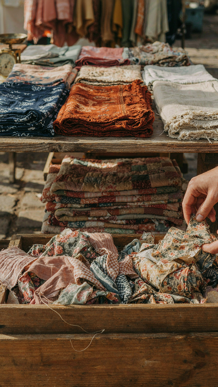 A hand sifting through vintage fabric scraps at an outdoor market stall.