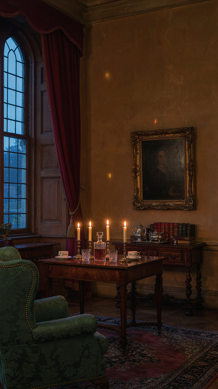 Candlelit Georgian drawing room with deep ochre walls and polished wood reflecting light.