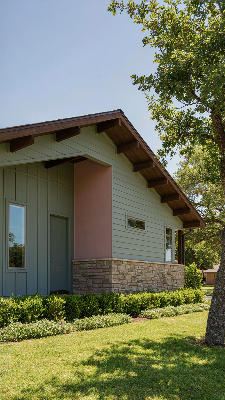 A sage green mid century ranch house with a soft pink accent wall and stone base.