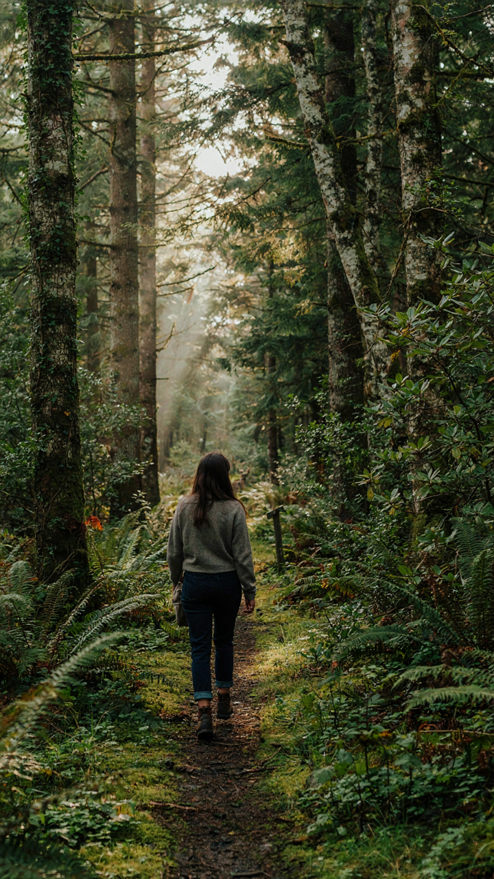A person walks through a tranquil forest with deep green foliage.