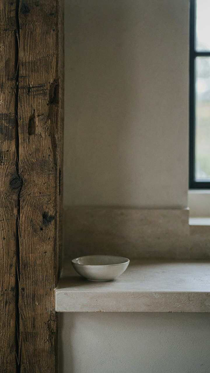 A wall with a reclaimed oak beam and a pale limestone countertop.