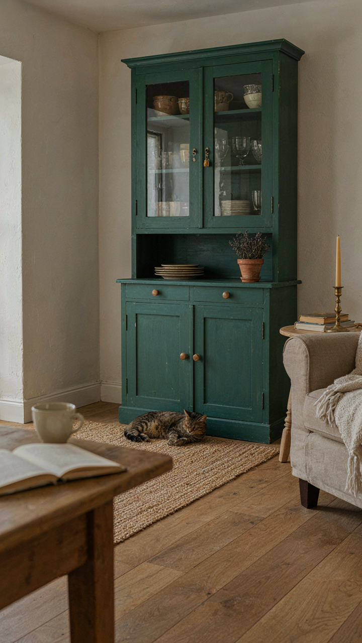 A bold deep forest green painted hutch acts as a focal point in a neutral cottage room.