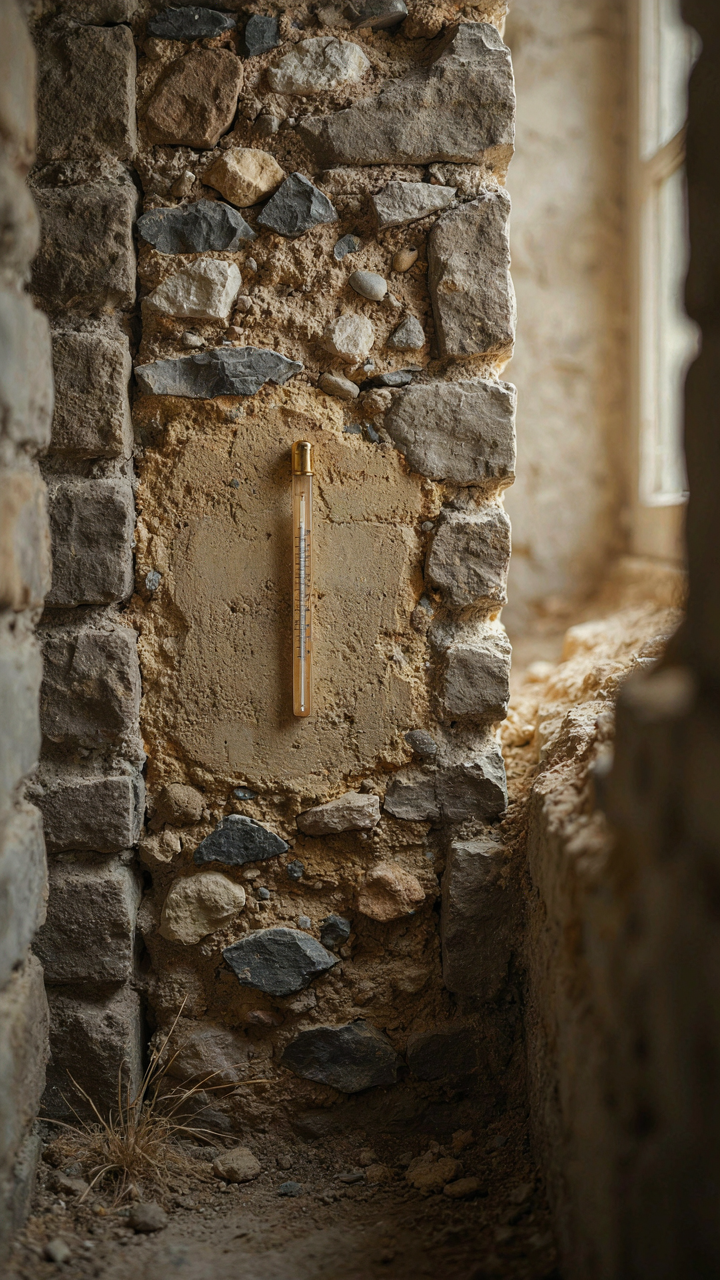 A cross-section of a thick stone wall with rubble and mortar filling.