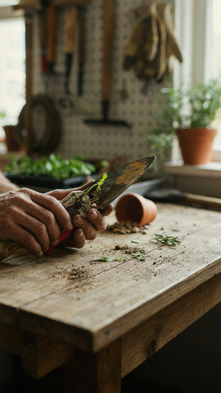 Hands holding garden tools on a workbench inside a functional garden shed.