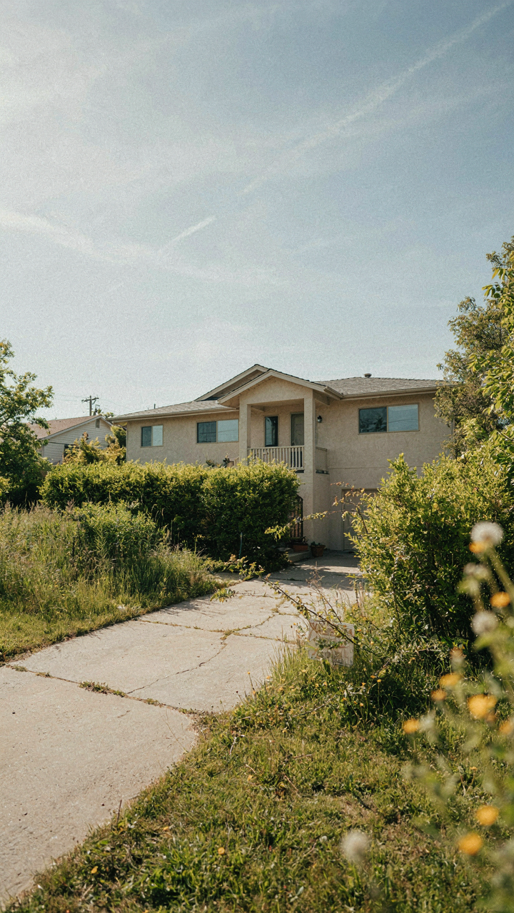 A beige ranch house blends into its surroundings, making it forgettable.