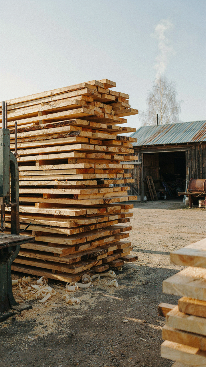 Freshly cut lumber planks stacked at a small local sawmill.