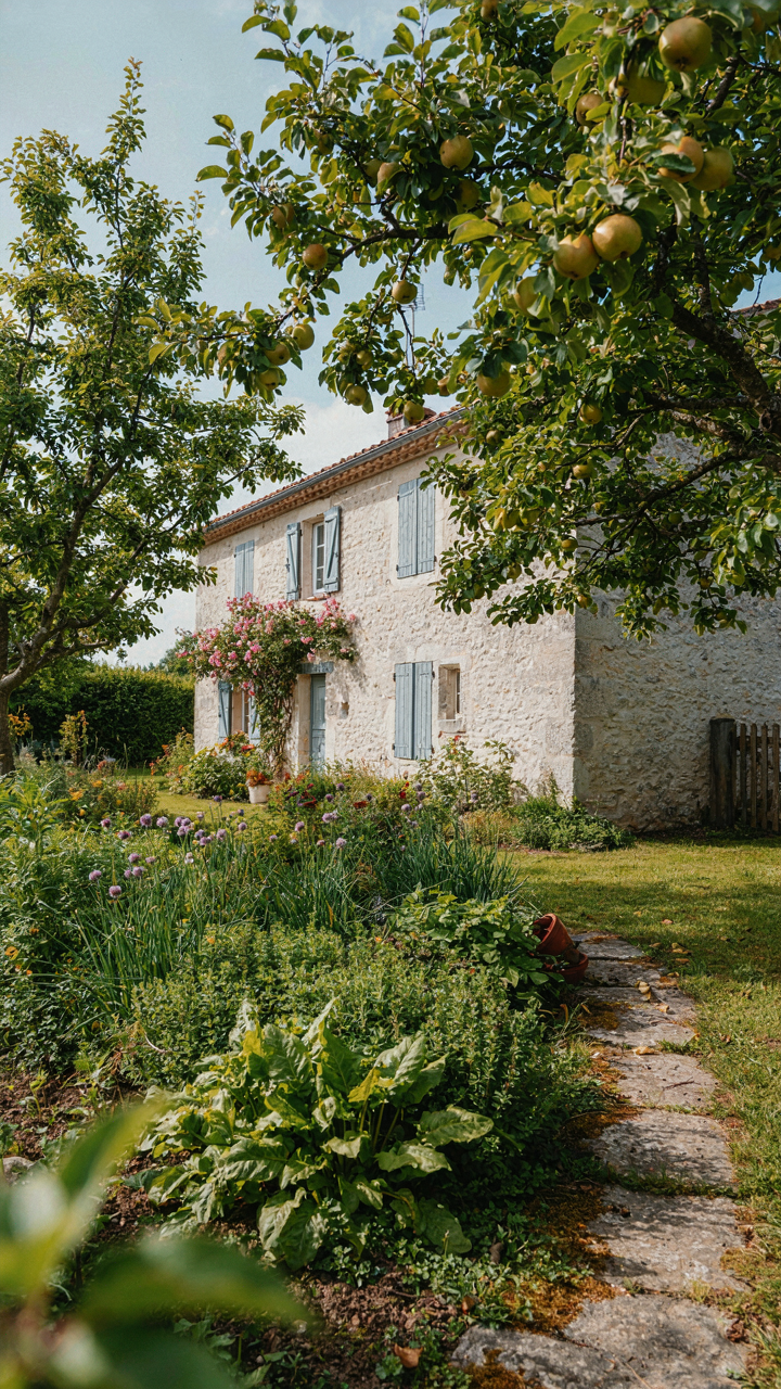 A dense garden with edible plants and fruit trees around a French cottage.