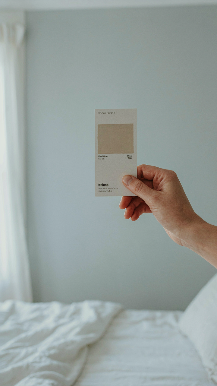 Hand holding a paint swatch card against a gray wall with a subtle blue undertone.