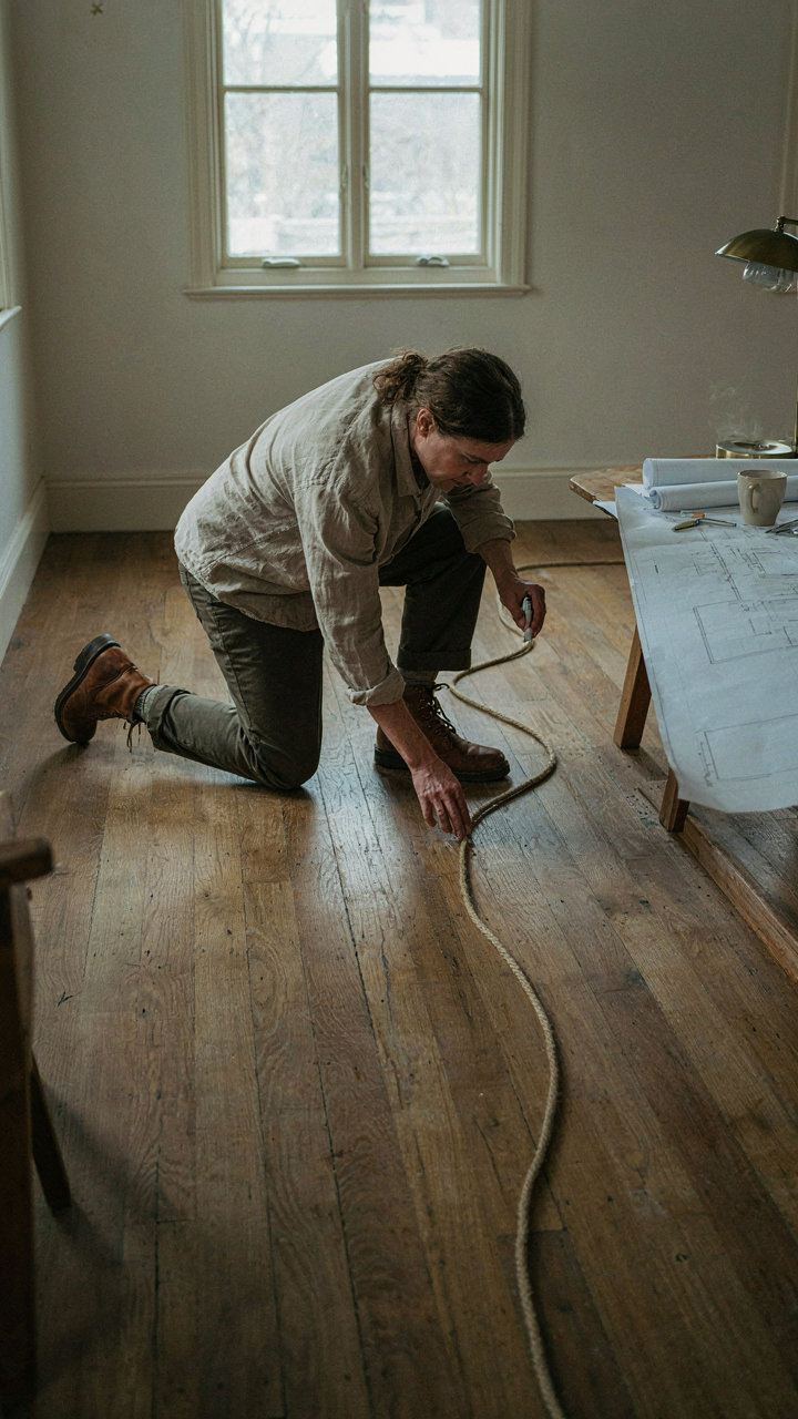 A person uses rope to map a daily path on the floor of a craftsman bungalow.