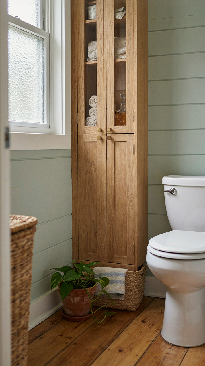 A tall, narrow cabinet fits perfectly beside a toilet in a small bathroom.