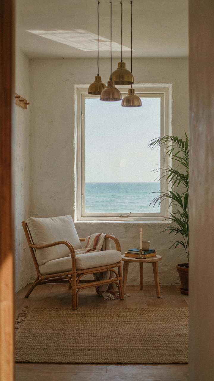 A beach hut interior with a window reflecting ocean light and warm lamps.