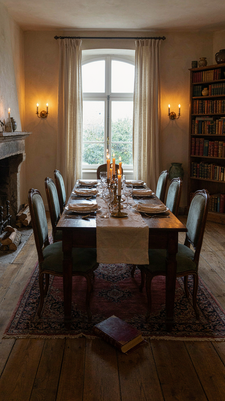 A french country dining room with layered lighting from candles, sconces, and a fireplace.