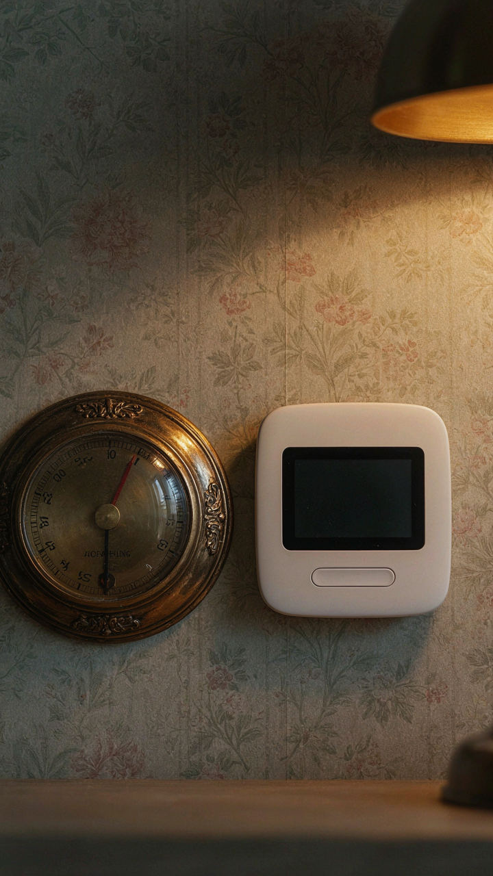 Old intricate thermostat dial next to a sleek modern digital thermostat.
