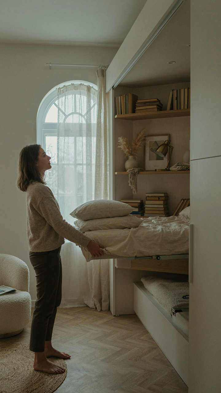 A person easily pulls down a Murphy bed from a wall in a small living space.