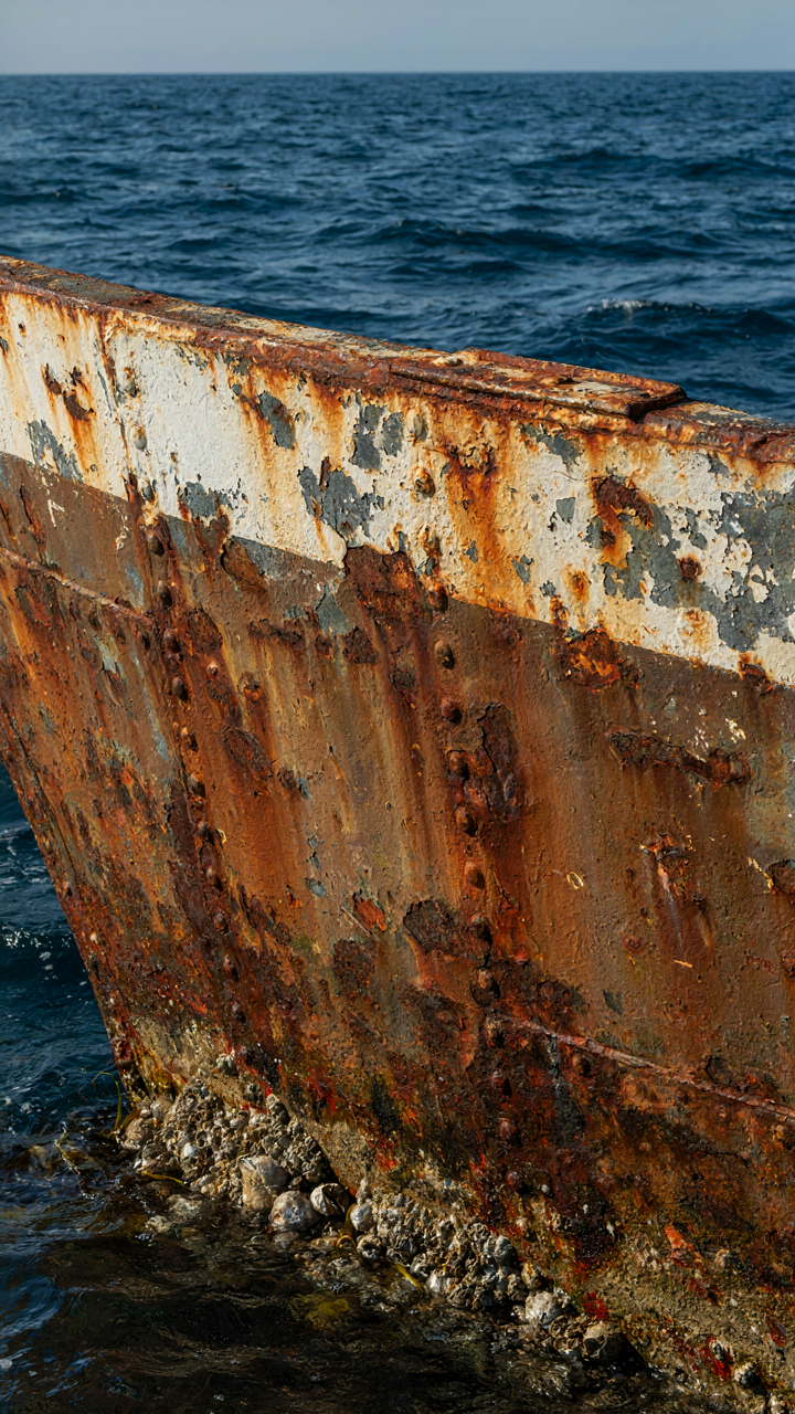 Close up of a ship's hull showing corrosion and barnacles above the water.