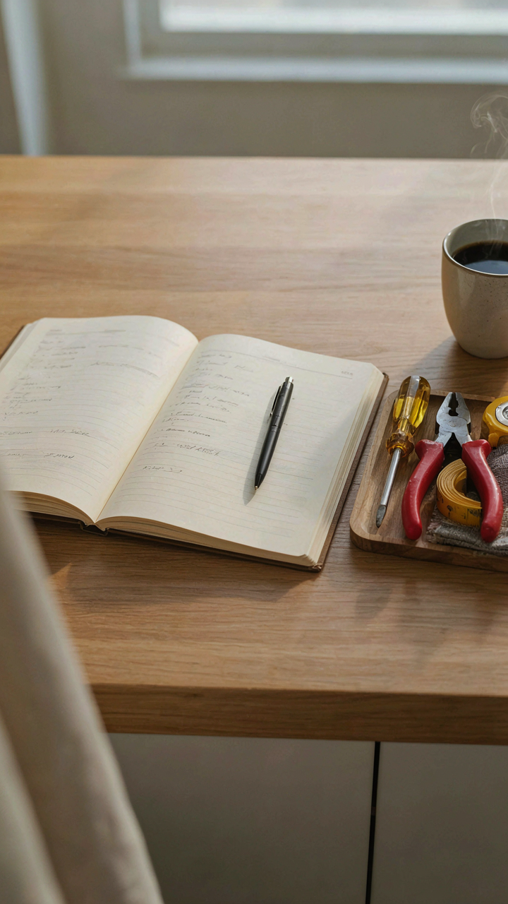 A maintenance logbook sits open on a clean counter in a modern guest house.