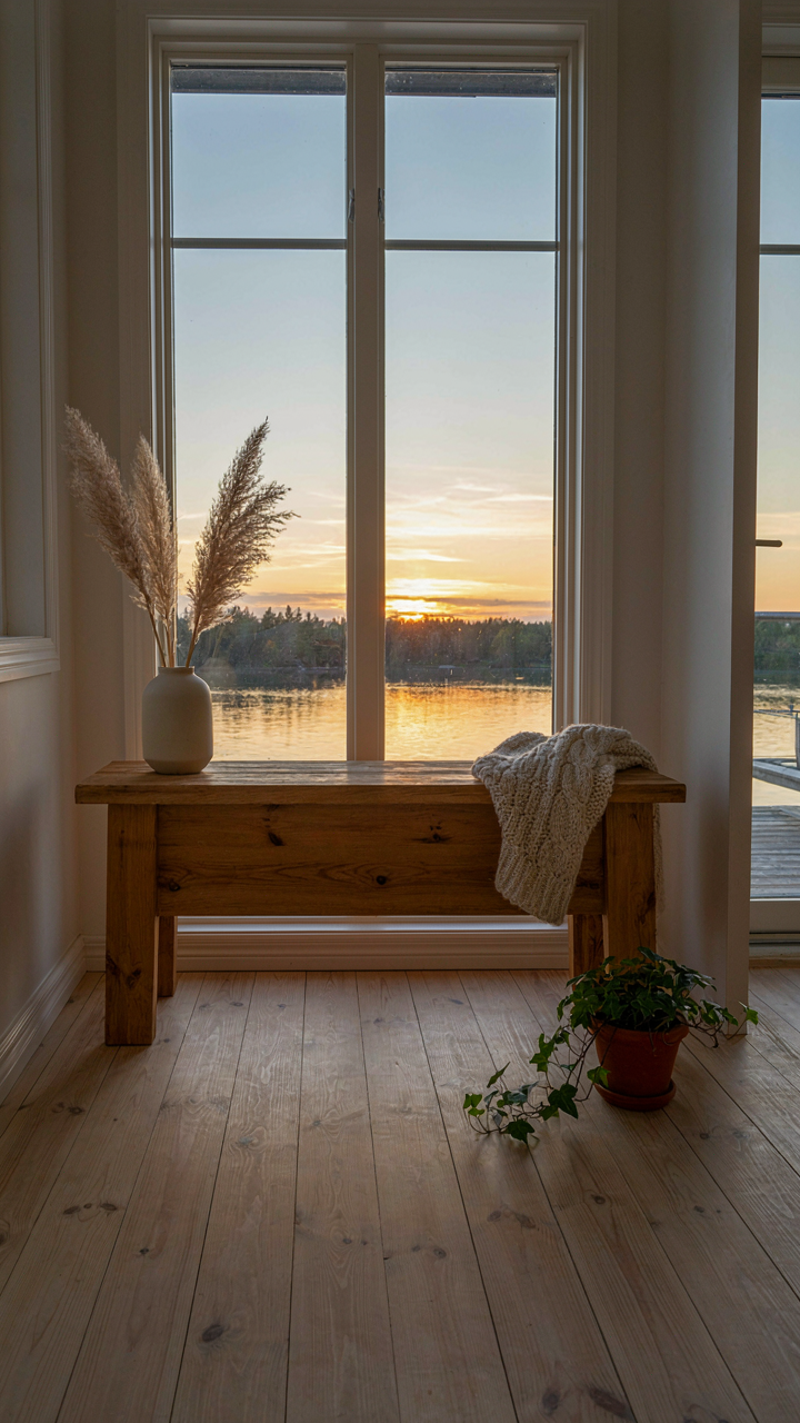 Durable raw pine bench for seating and storage on a Scandinavian porch.