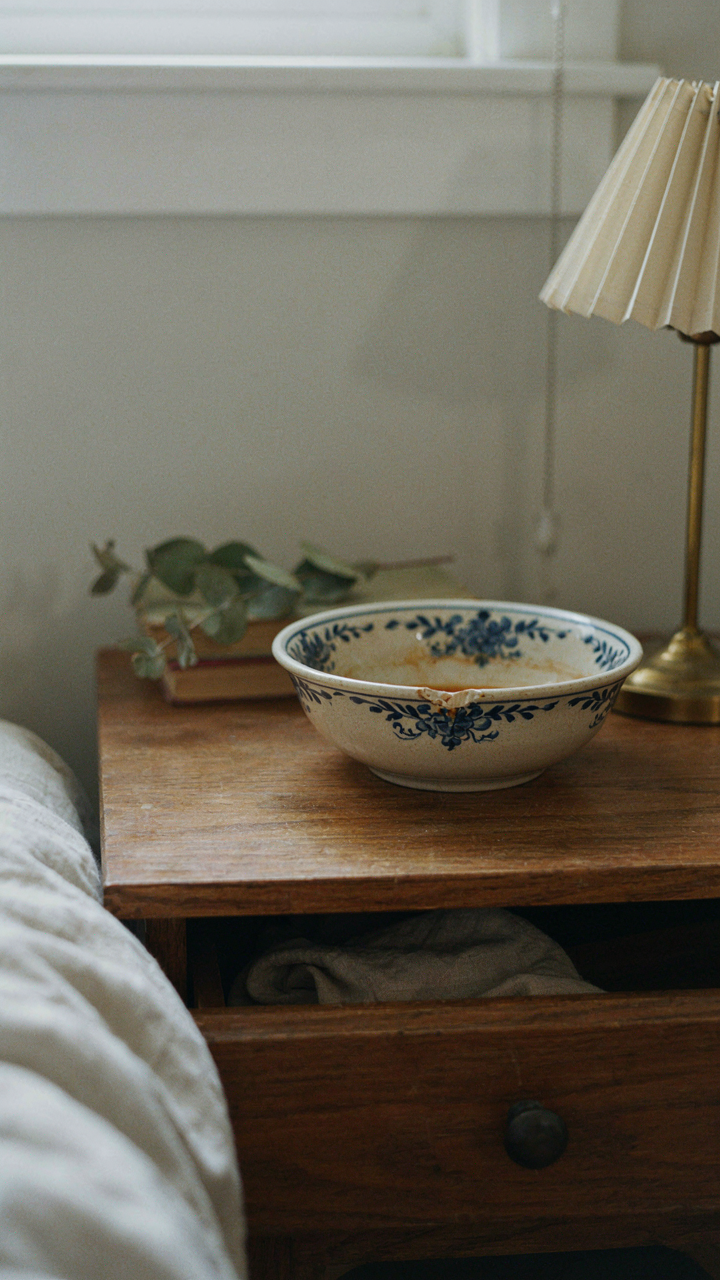 A chipped ceramic bowl sits on a wooden nightstand, glowing softly.