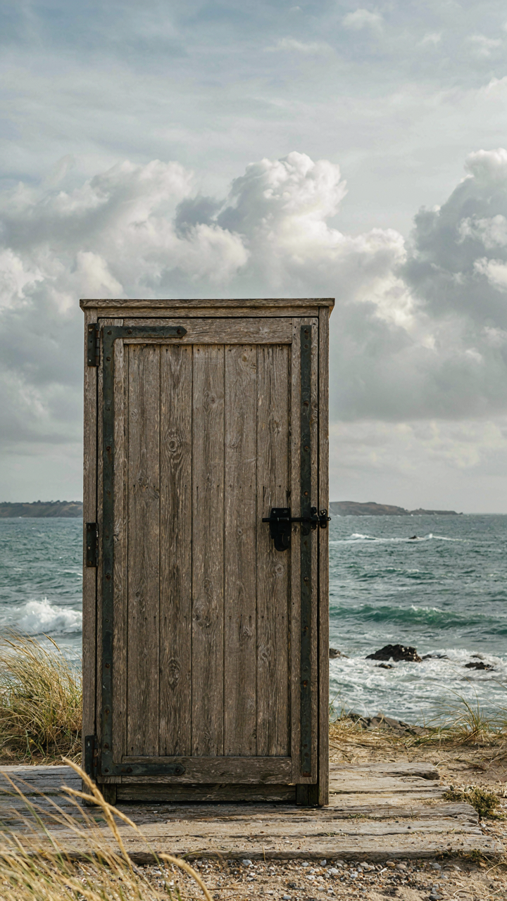 A custom marine-grade wooden shed door with robust hardware in a stormy coastal setting.